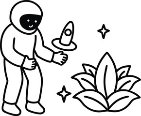 Astronaut Discovering Glowing Alien Plants Coloring Illustration on Transparent Background