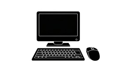 A black and white illustration of a computer setup with a monitor keyboard and mouse on white background