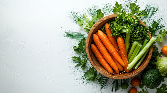 Fresh vegetables arranged in a wooden bowl on a white surface