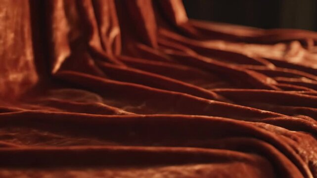 Copper Velvet Fabric Texture - This video showcases the luxurious texture of a copper-colored velvet fabric. The folds and soft lighting accentuate the plushness and depth of the material.