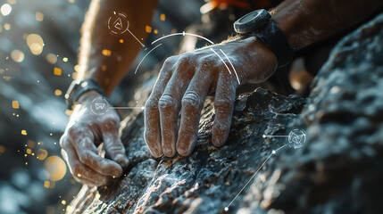 Climber's strong grip on rocky surface during challenging ascent in sunlight