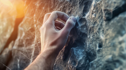 Hand gripping a rock surface during an outdoor climbing adventure at sunset