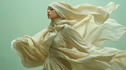 Ethereal portrait of a woman with flowing fabric and soft light