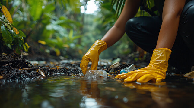 Volunteer helps clean plastic waste from a river in a tropical forest - Powered by Adobe