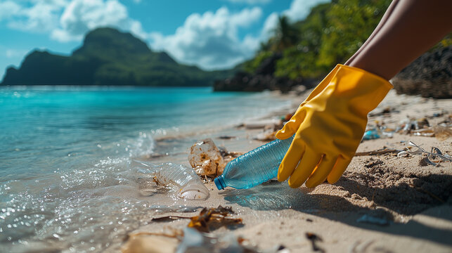 Person collecting plastic bottle from beach during sunny day