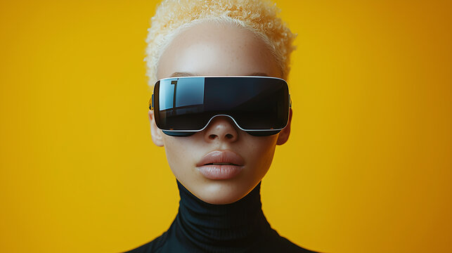 Close-up of woman with VR headset and futuristic glasses
