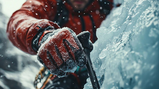 Climber navigates icy terrain during winter expedition in the mountains - Powered by Adobe