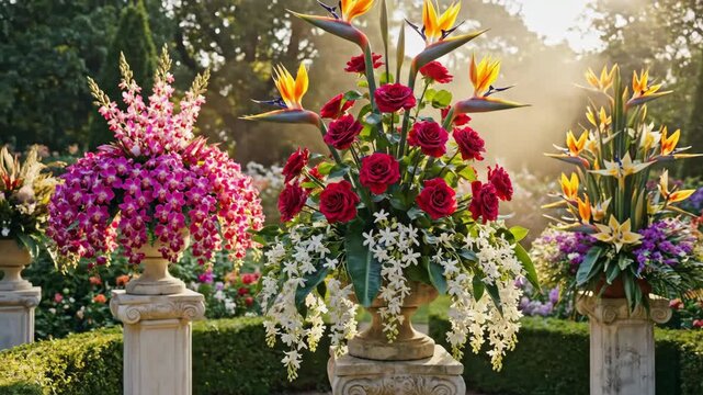 Ornamental Flower Arrangements in a Garden - The video shows three ornate flower arrangements displayed in a lush garden setting.