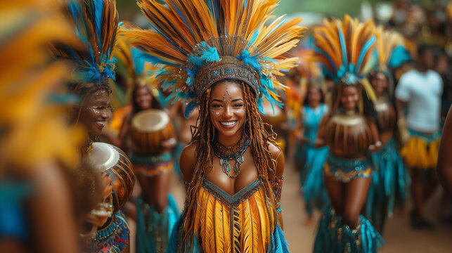Vibrant carnival dancers celebrate with colorful costumes and joyful smiles - Powered by Adobe