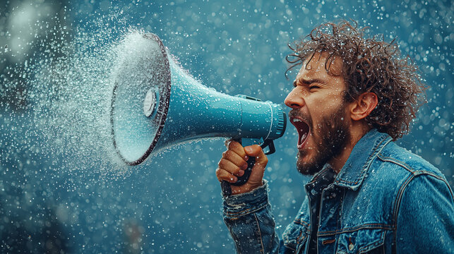 Man shouting through a megaphone in the rain during a protest