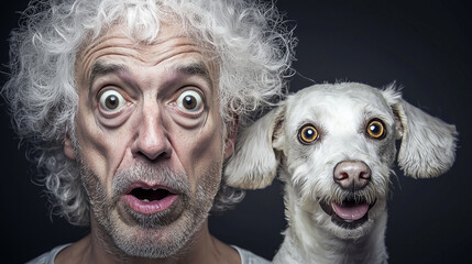 Surprised man and dog express shock with wide eyes in humorous portrait