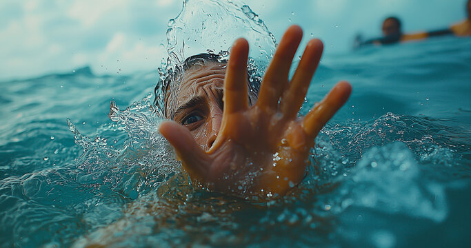 Struggling swimmer reaches out for help in choppy ocean waters