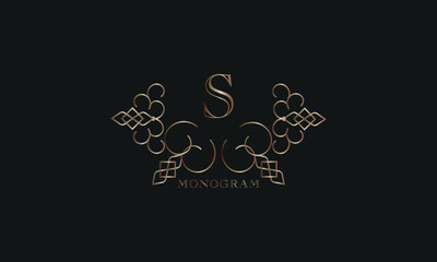 Vector elegant element for design template, place for text with initial letter S. Lace decor for greeting card, invitation, label, business sign.