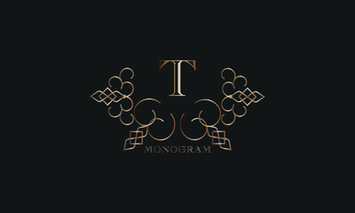 Vector elegant element for design template, place for text with initial letter T. Lace decor for greeting card, invitation, label, business sign.