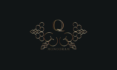 Vector elegant element for design template, place for text with initial letter Q. Lace decor for greeting card, invitation, label, business sign.
