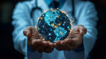 Healthcare pro with a glowing globe symbolizing global health ties