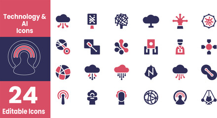 Collection of technology and artificial intelligence icons in silhouette isolated on transparent background