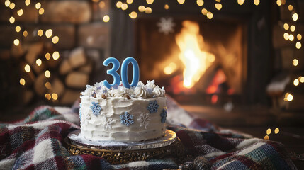 Celebrating a 30th birthday with a cake by a cozy fireplace