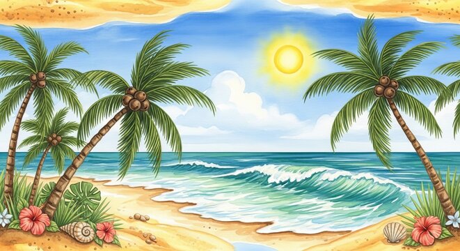 A vibrant cartoon beach scene featuring palm trees, ocean waves, and a bright shining sun above clouds