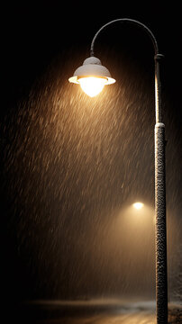 street lamp glowing in heavy rain against a dark, nighttime background