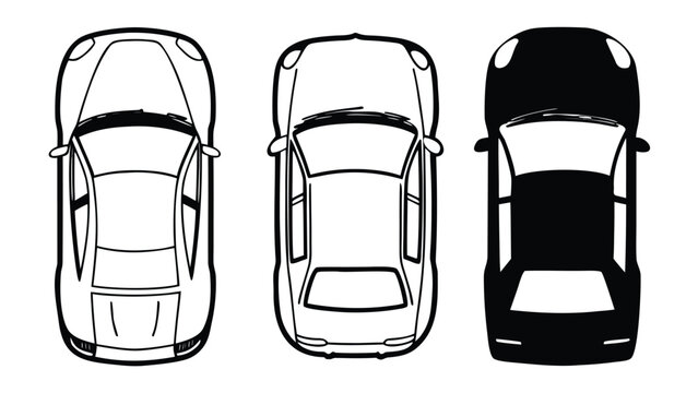 Set of Car Top View CAD Drawings. Silhouette and Outline Vector Vehicles for Architectural and Urban Planning Design