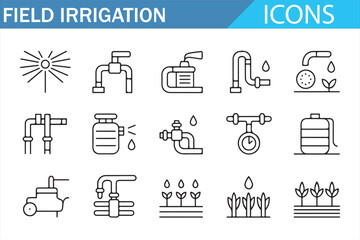 Drip and sprinkler irrigation icon set for farming, gardening, and landscaping.