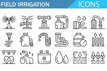 Field irrigation technology outline icons showing various water distribution systems.