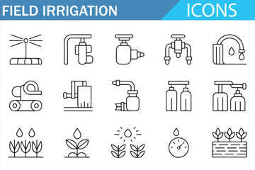 Set of outline icons showing water irrigation methods, pumps, and field watering technologies.