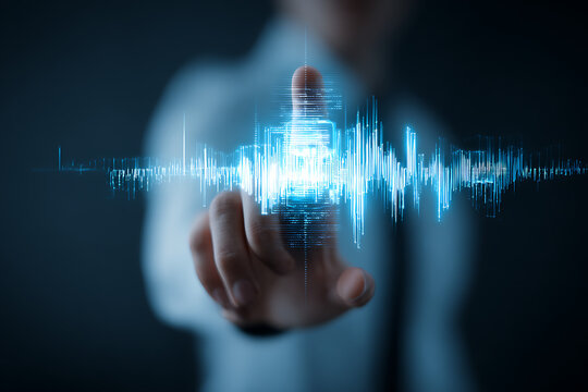 Confident professional interacts with vibrant blue digital waveform data visualization, exploring futuristic technology and analytics.