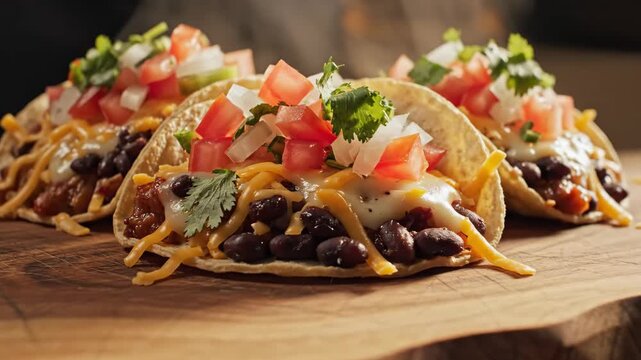 Delicious Tacos on Wooden Board - This video features three soft shell tacos filled with black beans, cheese, and a fresh tomato and onion salsa.