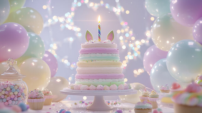 Colorful unicorn cake with pastel decorations at a birthday party