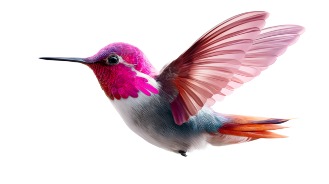 Hummingbird in flight with vibrant pink and orange plumage, cut out transparent