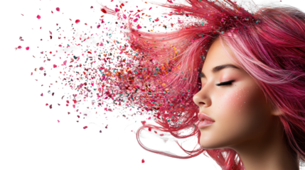Woman with Vibrant Pink Hair and Colorful Petals on Transparent Background