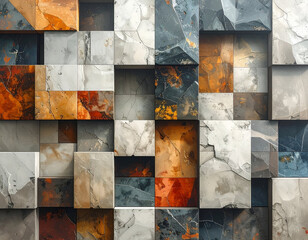 Abstract Cubist Art Panel Featuring Muted Tones of Gray Blue Orange and White in an Irregular Stacked Arrangement with Textured Splatter