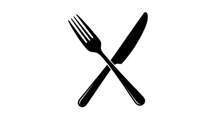 A simple black and white illustration of a crossed fork and knife on a plain white background