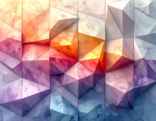 Abstract Geometric Background with Triangular Patterns in Pastel Orange Pink Purple and Blue Hues with Marble Texture and Dynamic Light and Shadow Play
