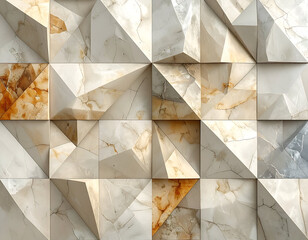 Abstract Geometric Marble Pattern with Beige White and Brown Tones in Low Relief with Triangular and Square Facets Interior Decorative Wall Texture