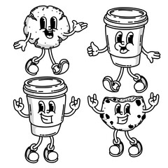 Happy retro mascot cookie and coffee to go character, smiling, thumb up gesture. Menu, homemade bakery symbol
