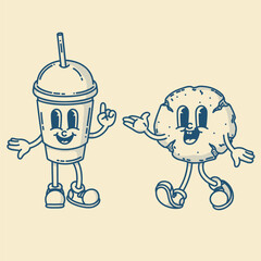 Happy retro mascot cookie and coffee to go character, smiling, thumb up gesture. Menu, homemade bakery symbol