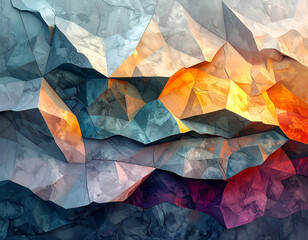 Abstract Geometric Mosaic of Mountains in Shades of Blue Orange and Purple with Textured Surface for Backgrounds and Modern Art Projects
