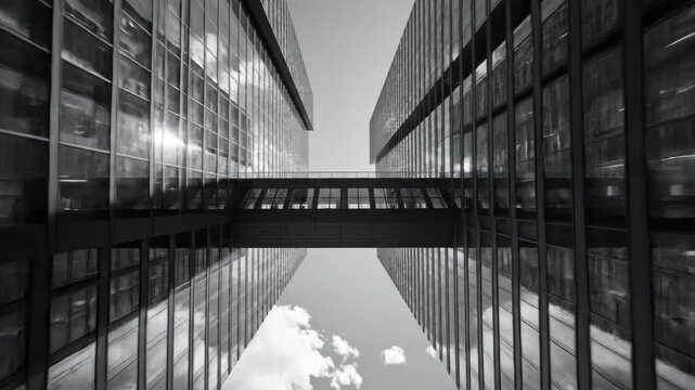 Modern Skybridge Connecting Skyscrapers - A low-angle, black and white shot showcases two mirrored skyscrapers connected by a skybridge.