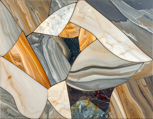 Abstract Mosaic of Earth Toned Marble Fragments with Contrasting Textures and Veining Creating a Natural Stone Panel Design Background