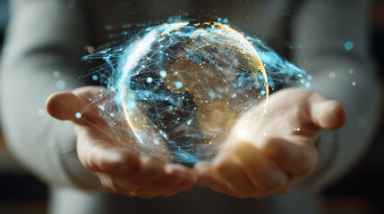 A man's hands gently cradle a digital globe, where the globe and the digital elements create a glowing network. The globe symbolizes global interconnection in the man's hands.