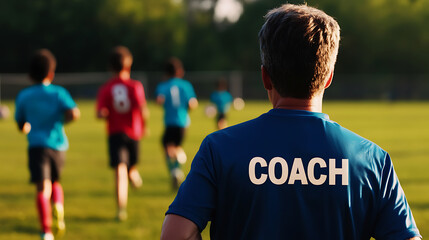 Fototapeta premium A soccer coach oversees his team during practice, the coach's blue shirt has the word 