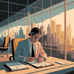 IT consultant editing a proposal  in, modern glass office mood, serious, soft pastel illustration, mixed age group
