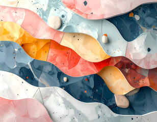 Abstract Wavy Layers with Splatters and Geometric Shapes in Muted Pastel Hues Creates a Gentle and Harmonious Composition For Backgrounds and Texture