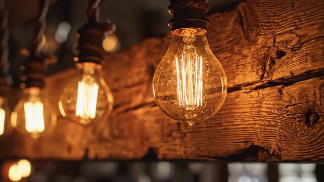 Decorative Vintage Light Bulbs - A close-up shot shows a row of decorative Edison-style light bulbs suspended from a rustic wooden beam.