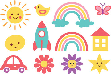 Cheerful Childrens Illustration Featuring Sun Bird Rainbow Rocket and More for Kids Projects and Designs