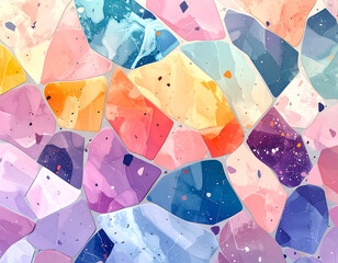 Vibrant Mosaic Pattern with Watercolor Textures in Pink Purple Orange and Blue Tones on White Background Featuring Abstract Geometric Shapes Splattered with Paint