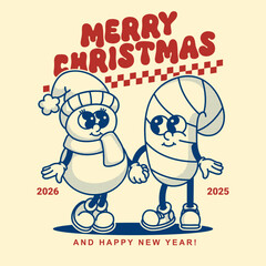 Jolly snowman and candy cane Christmas card. Vintage contour design with dot shadows and festive holiday message